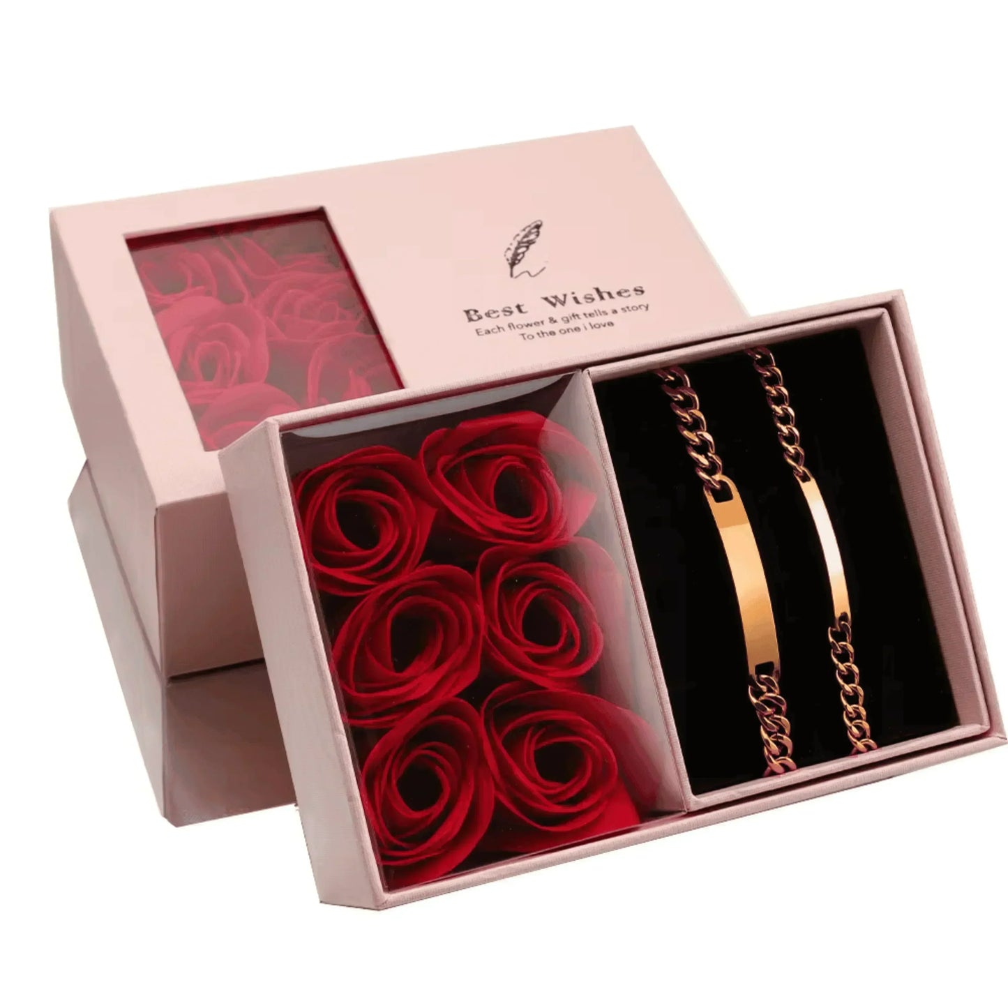Couple name engraved bracelet set featuring matching metal plates on chains in decorative rose box.