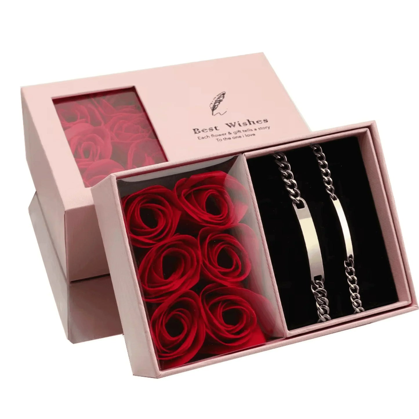 Couple name engraved bracelet set in silver finish, presented in keepsake Eternal Rose Box.