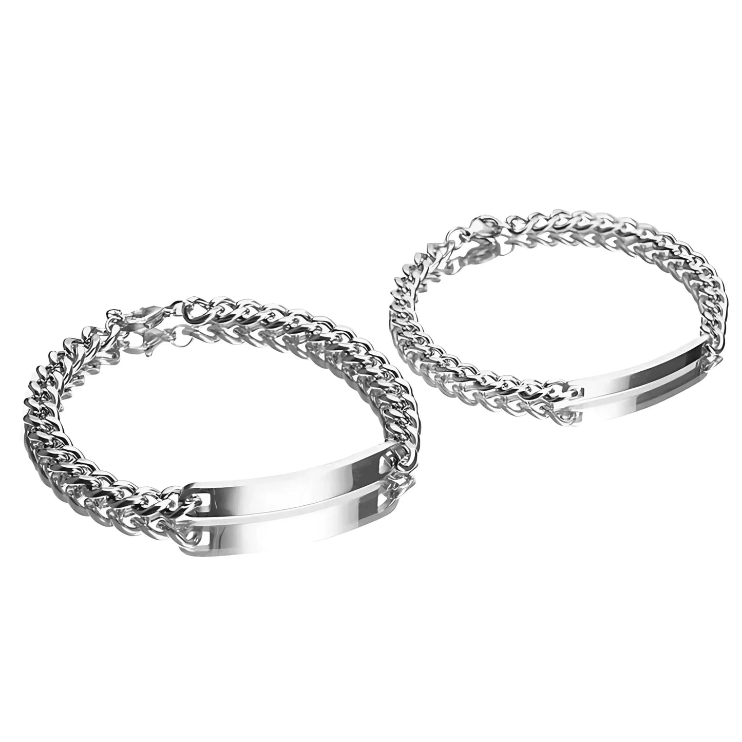 Couple name engraved bracelet set with two plate bracelets and curb chains, nestled in pink box of red roses.