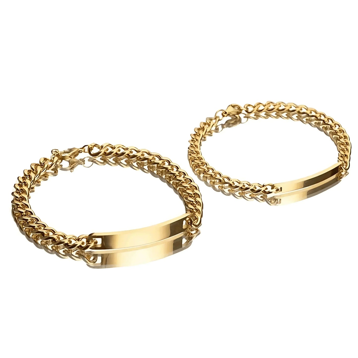 Elegant couple name engraved bracelet set shown in silver inside Eternal Rose Box with red rose accents.