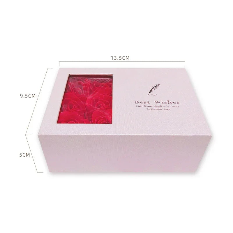 Eternal rose gift box, pink rose left, jewelry compartment right, “Best Wishes” on lid