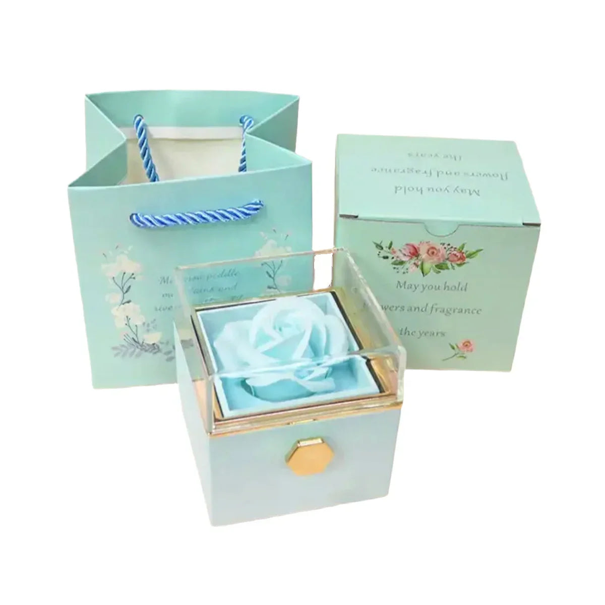 Lake blue rotating rose jewelry gift box with eternal flower and surprise jewelry storage