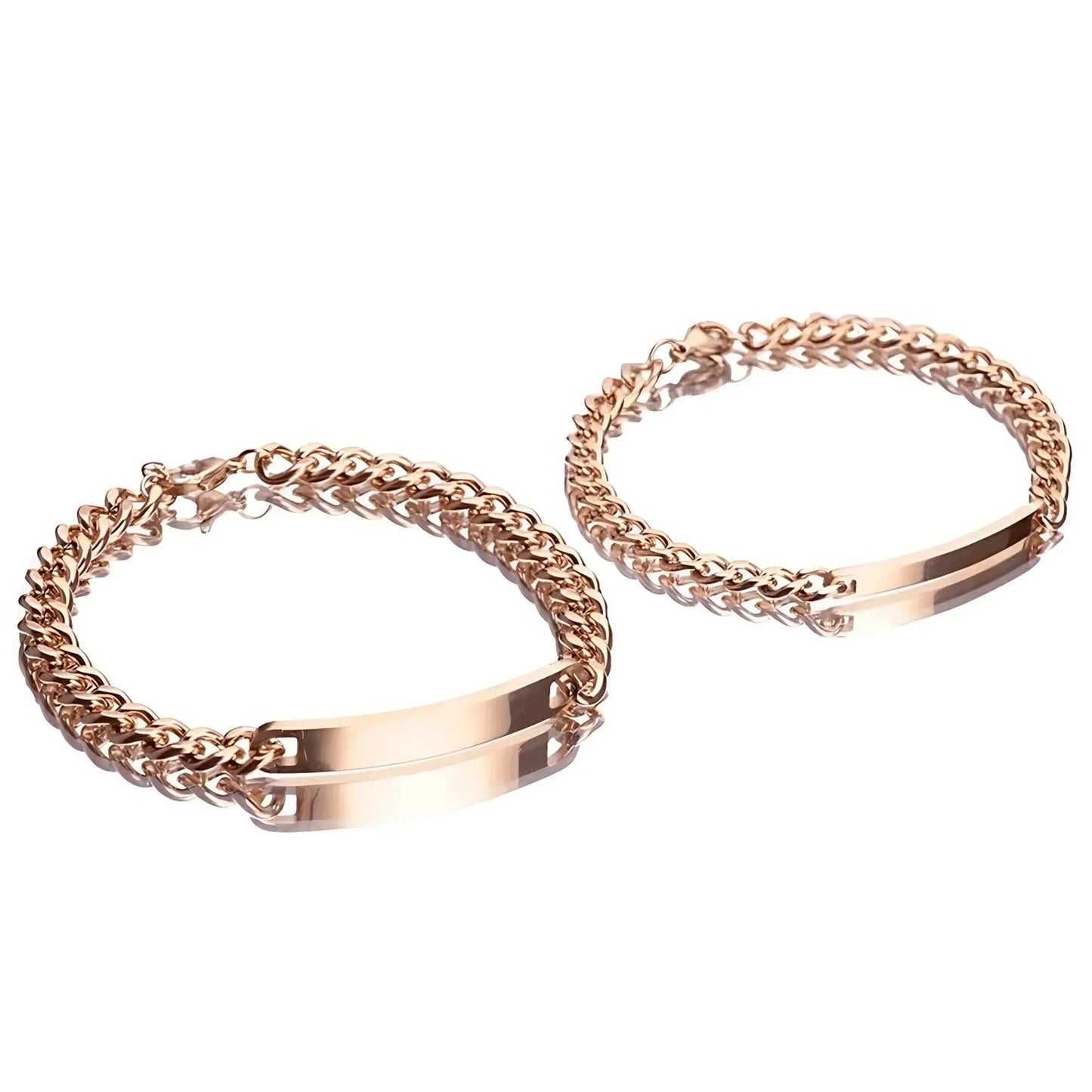 Personalized couple name engraved bracelet set—his and hers ID bracelets in rose gift box.