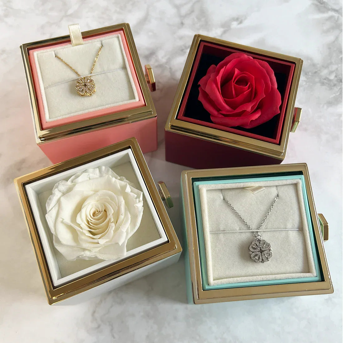 Pink acrylic rotating rose gift box with preserved bloom and hidden jewelry compartment – romantic gift