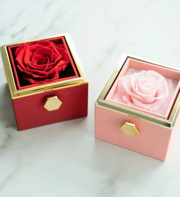 Pink rotating eternal rose jewelry box, acrylic luxury casing with hidden jewelry compartment