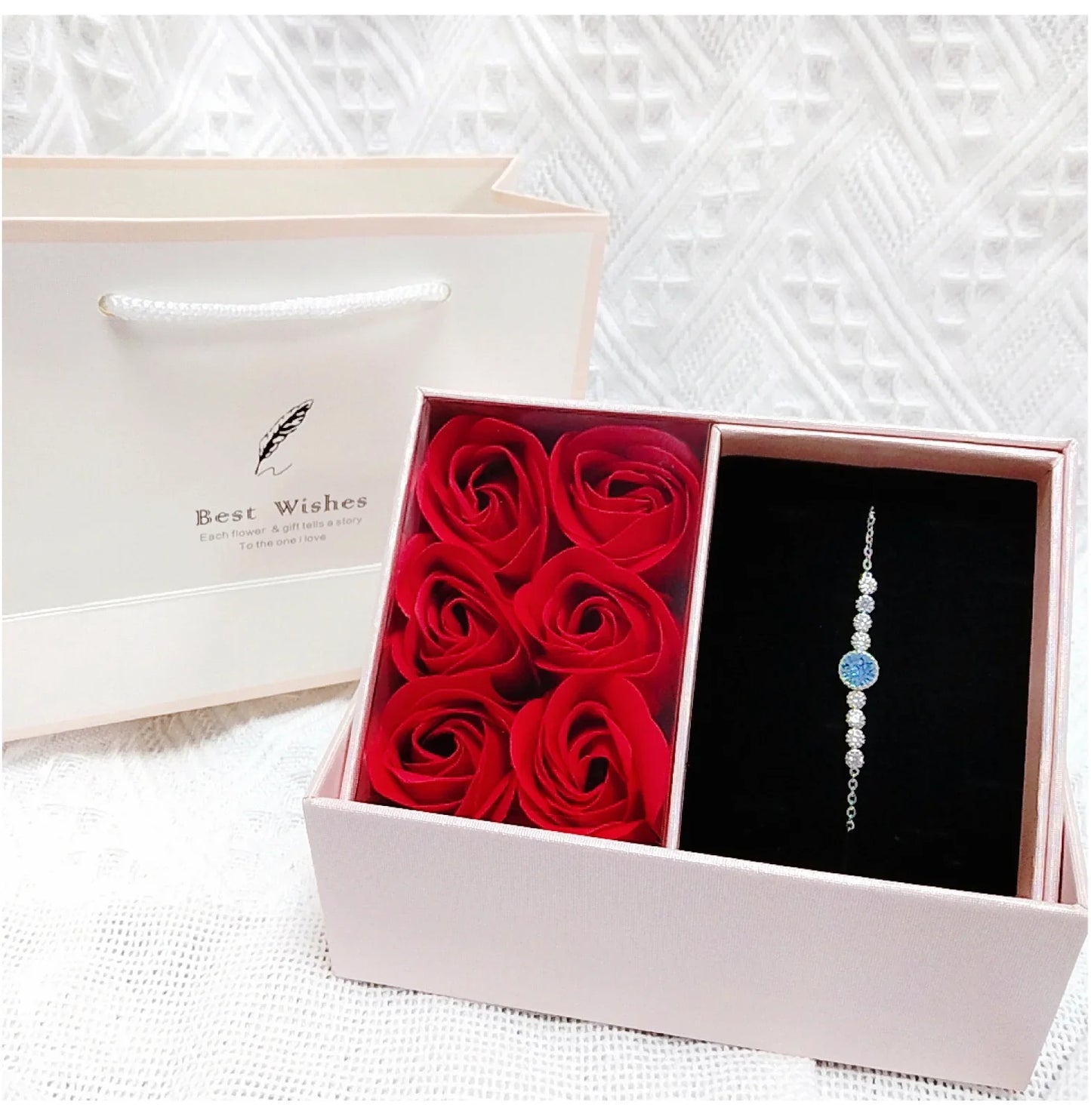 Preserved pink rose display box with “Best Wishes” and right-side jewelry compartment