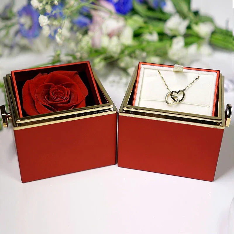 Rotating preserved rose gift box in red, surprise jewelry compartment, ideal for Mother’s Day gift