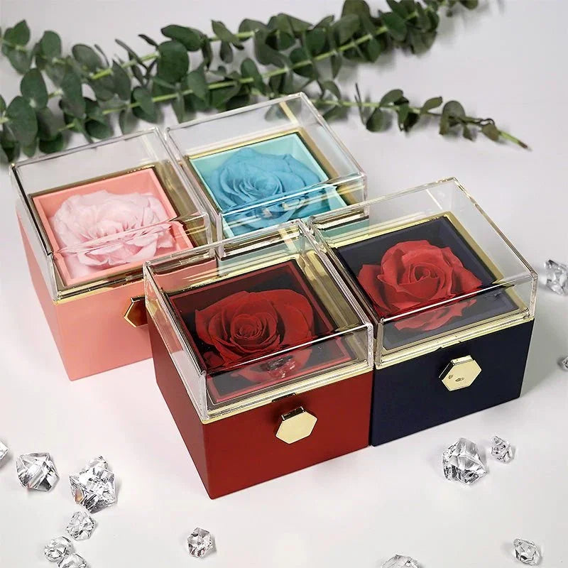 Rotating preserved rose jewelry box, red bloom, hidden compartment, luxury romantic gift