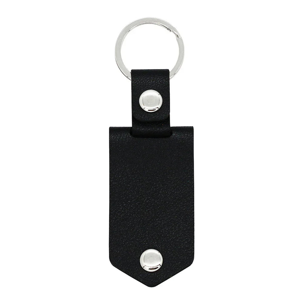 Black leather keychain with snap-open custom text and personalized photo frame