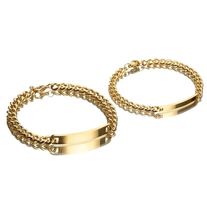Elegant couple name engraved bracelet set shown in silver inside Eternal Rose Box with red rose accents.