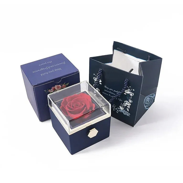 Lake blue rotating rose jewelry organizer, hidden compartment and eternal rose for elegant gifting