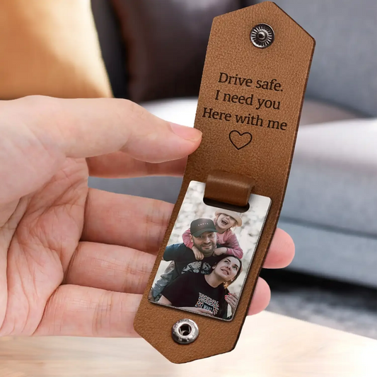 Personalized leather photo keychain in wine red with custom outside and inside text