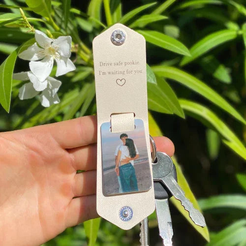 Photo keepsake keychain in sea blue with custom front message and inside photo frame