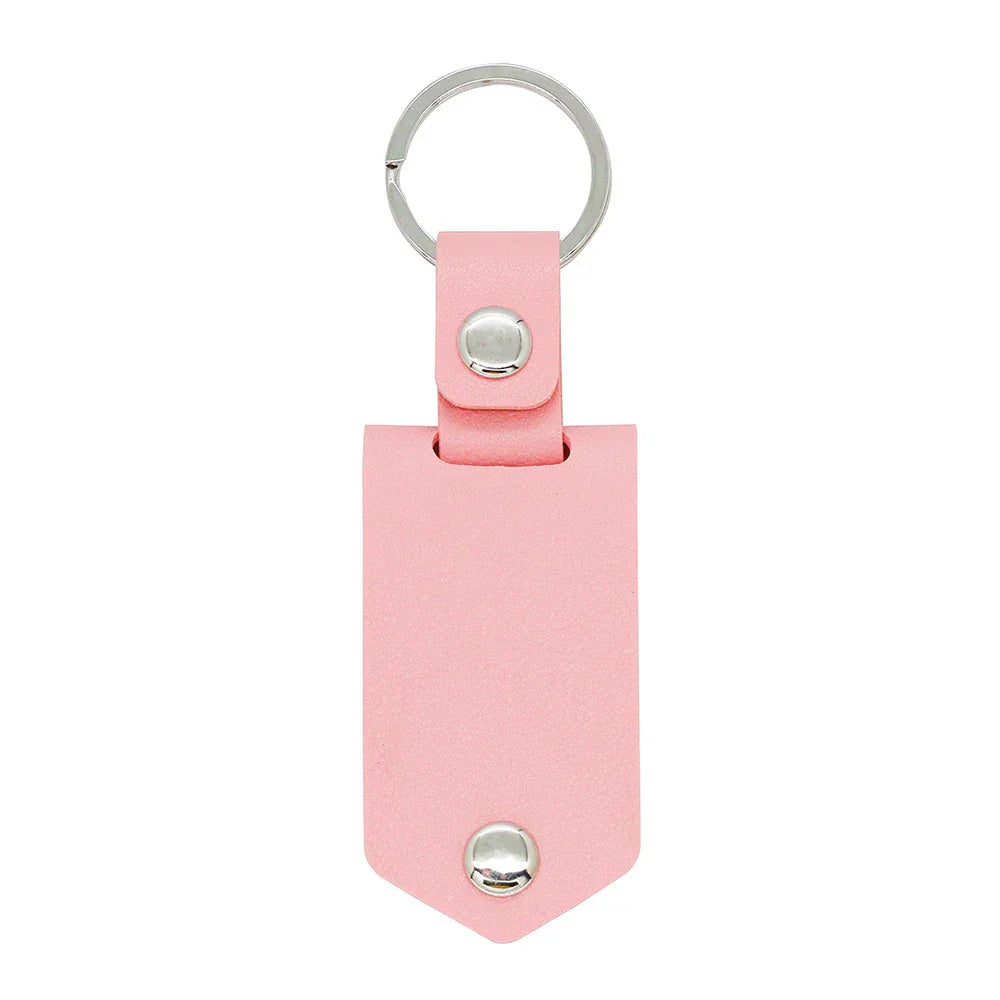 Pink leather keychain with personalized text outside, picture panel inside, thoughtful gift