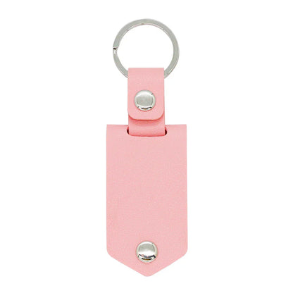 Pink leather keychain with personalized text outside, picture panel inside, thoughtful gift