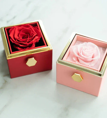 Pink rotating eternal rose jewelry box, acrylic luxury casing with hidden jewelry compartment