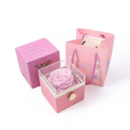 Pink rotating rose jewelry box, preserved rose with hidden jewelry surprise, ideal proposal gift