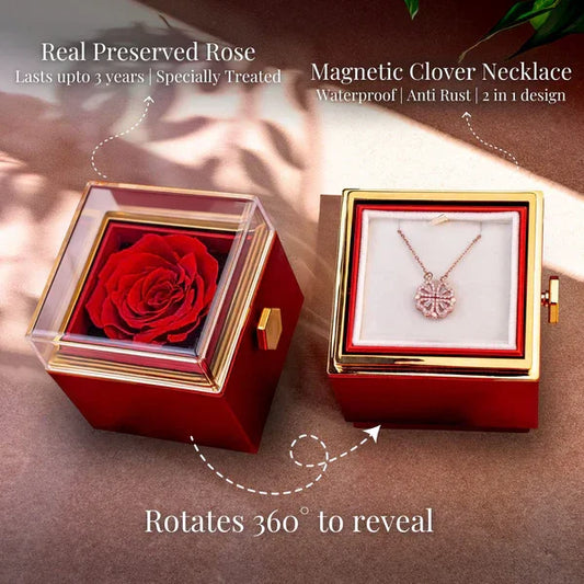 Rotating rose jewelry box, red preserved rose and hidden jewelry compartment in acrylic luxury gift