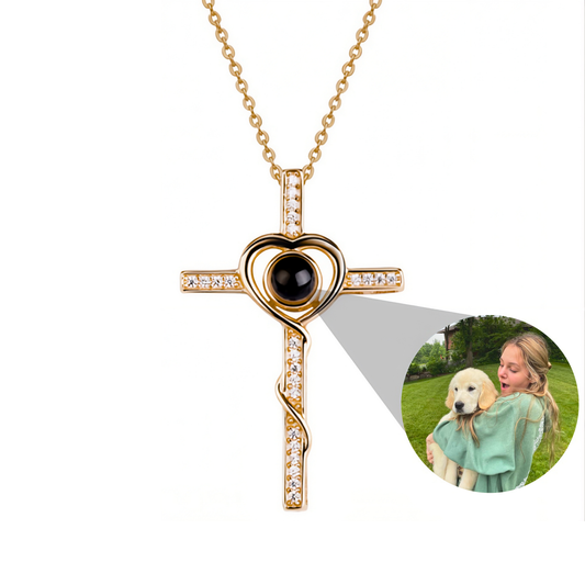 Gemify® CROSS PHOTO NECKLACE 2 Gold Custom Heart & Cross Photo Projection Necklace