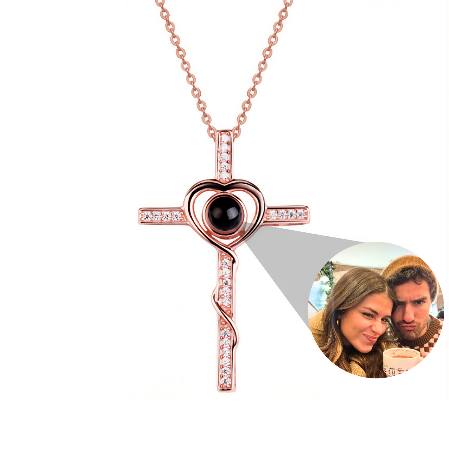 Gemify® CROSS PHOTO NECKLACE 2 Rose Gold Custom Heart & Cross Photo Projection Necklace